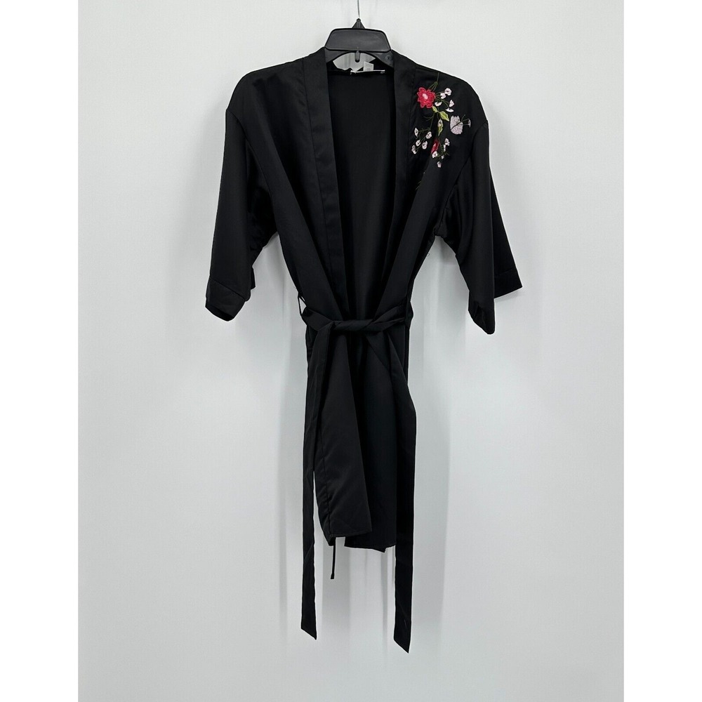 Flora Robe Womens S/M Black Embroidered Floral Satin Kimono Sleeve Lightweight